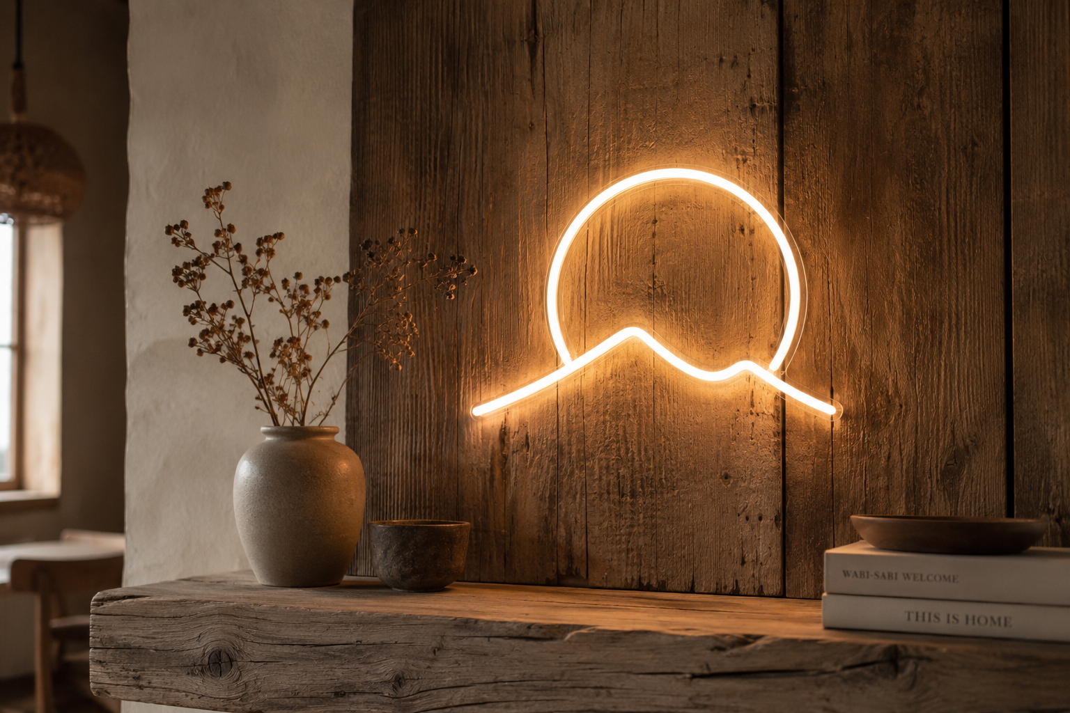 Néon LED sur bois l'effet wabi-sabi en déco Image