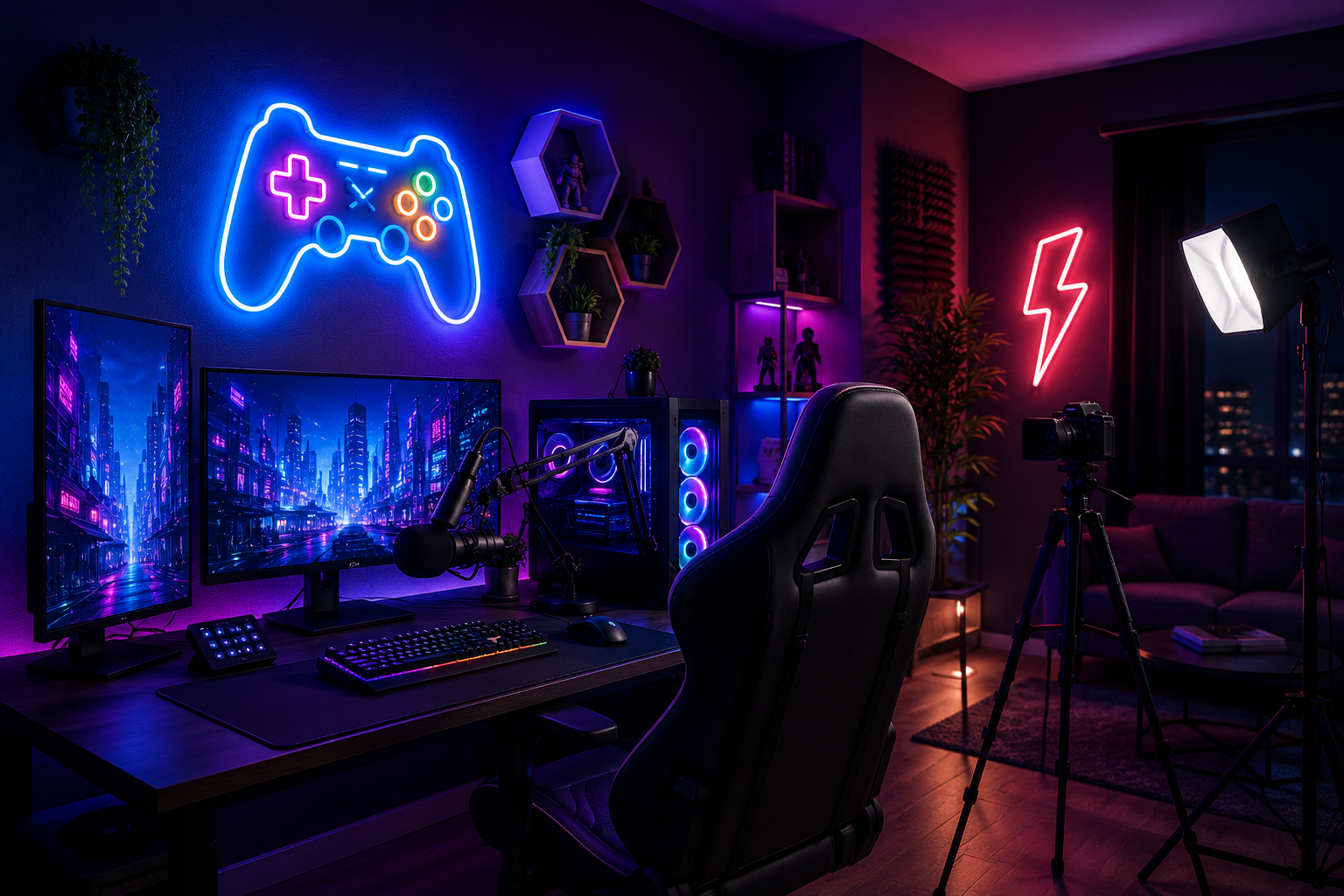 Setup gaming et salle de streaming neon Image