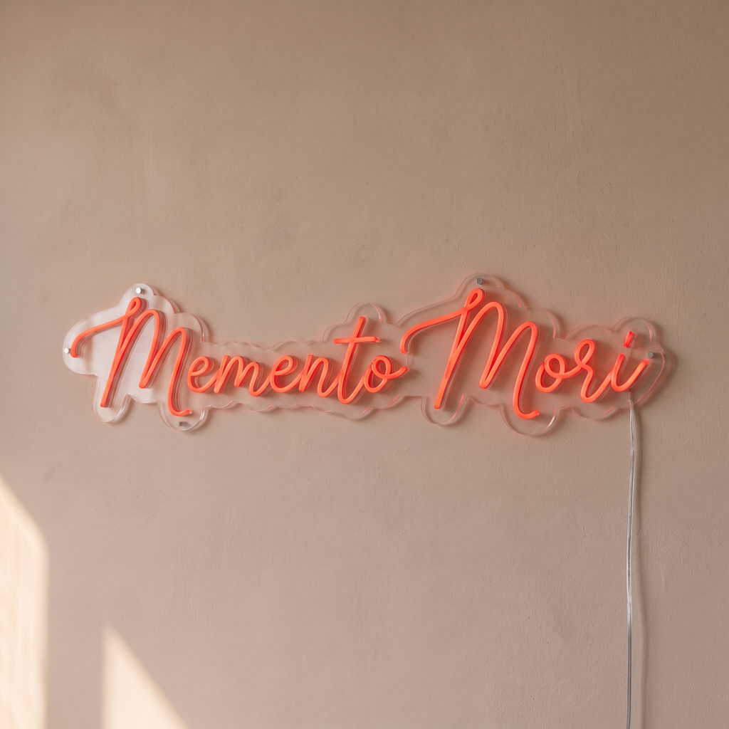 Gros plan du néon mural « Memento Mori » sur fond beige, tube allumé