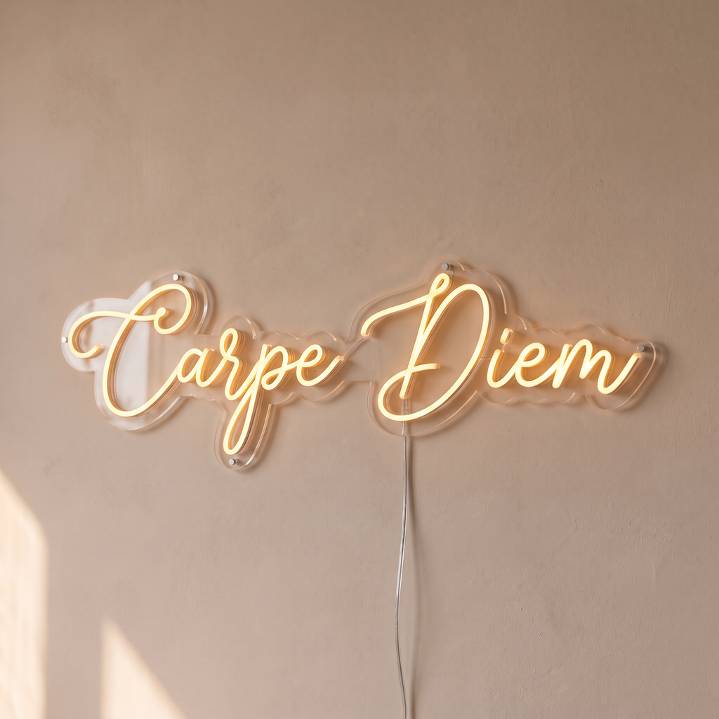 Gros plan du néon mural « Carpe Diem » sur fond beige, tube allumé
