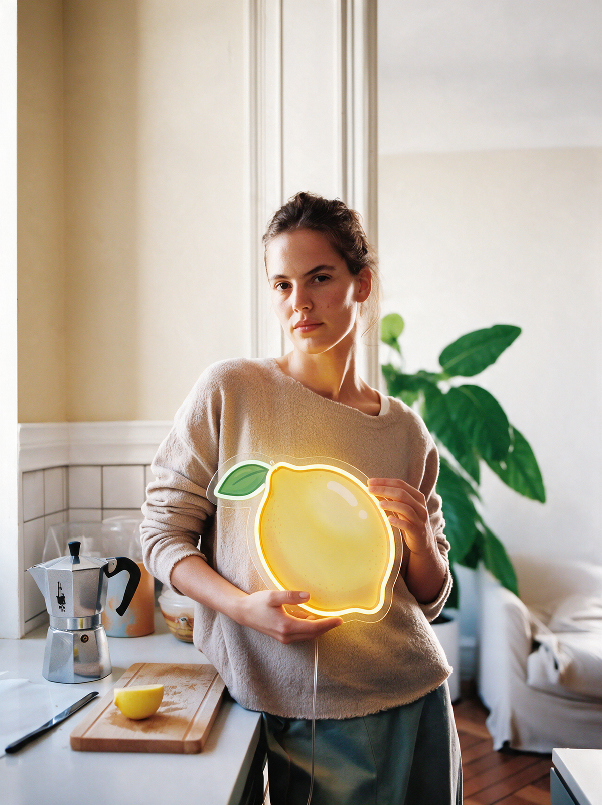 Néon citron tenu par une femme dans une cuisine