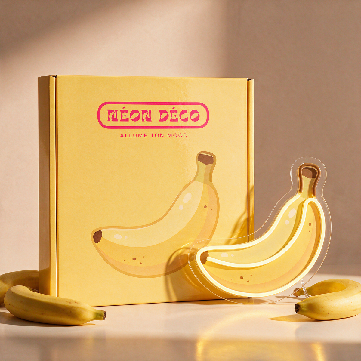 Néon banane et sa boîte Néon Déco