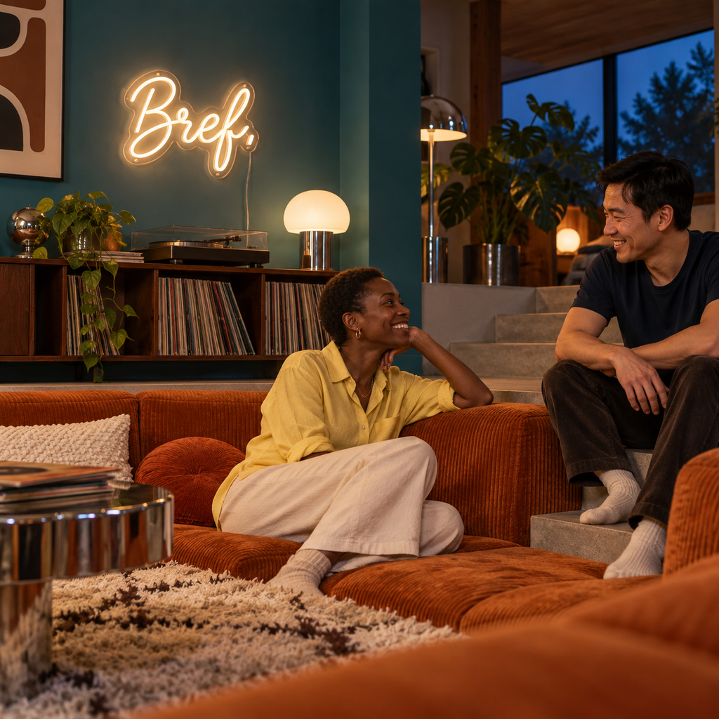 Néon mural « Bref. » allumé dans un intérieur, mise en situation