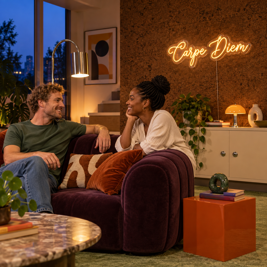 Néon mural « Carpe Diem » allumé dans un intérieur, mise en situation