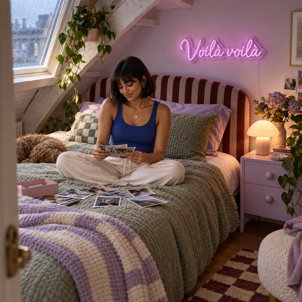 Néon mural « Voilà voilà » allumé dans un intérieur, mise en situation