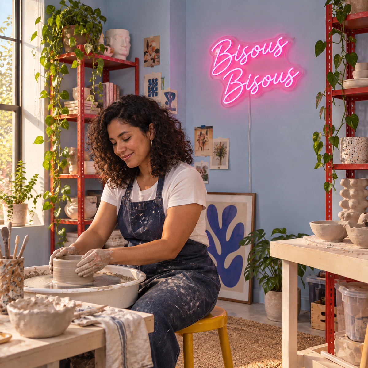 Néon mural « Bisous Bisous » allumé dans un intérieur, mise en situation