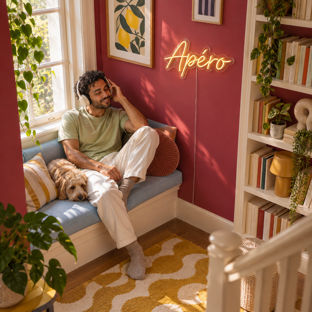 Néon mural « Apéro » allumé dans un intérieur, mise en situation