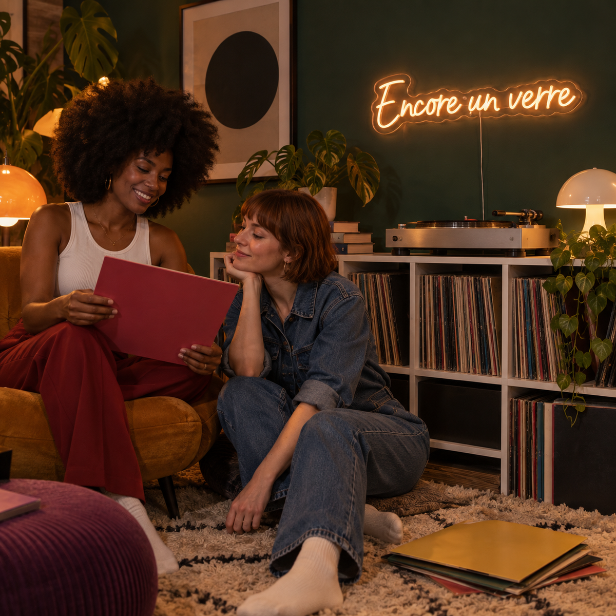 Néon mural « Encore un verre » allumé dans un intérieur, mise en situation
