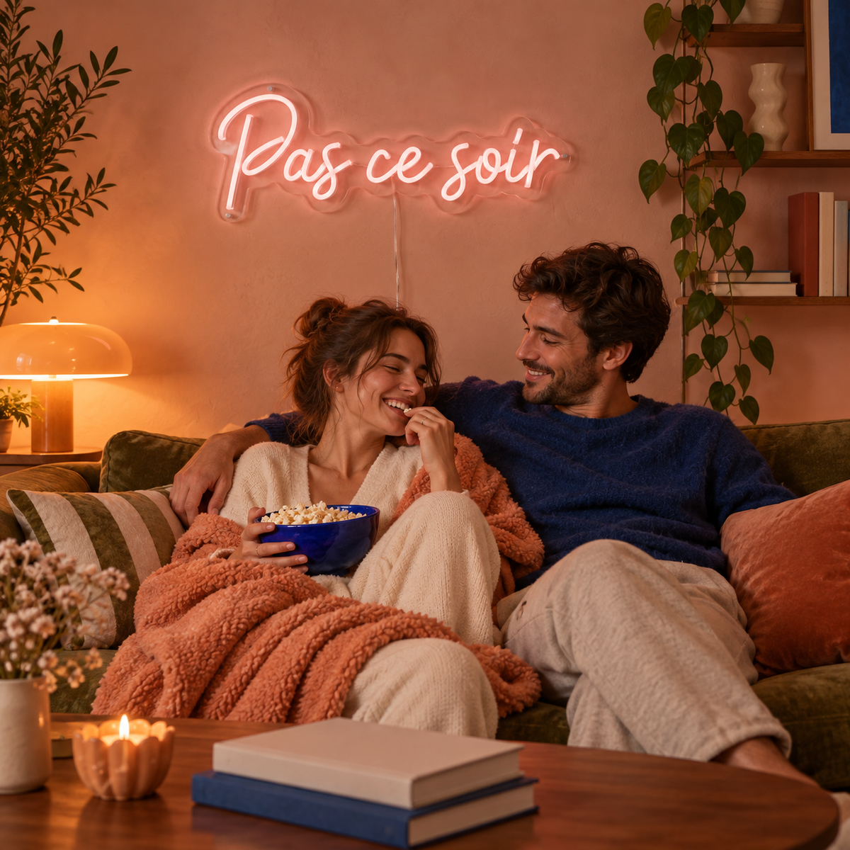 Néon mural « Pas ce soir » allumé dans un intérieur, mise en situation