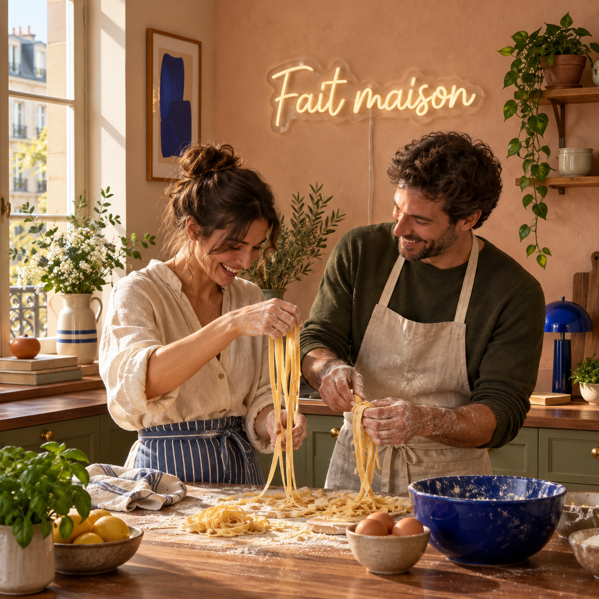 Néon mural « Fait maison » allumé dans un intérieur, mise en situation