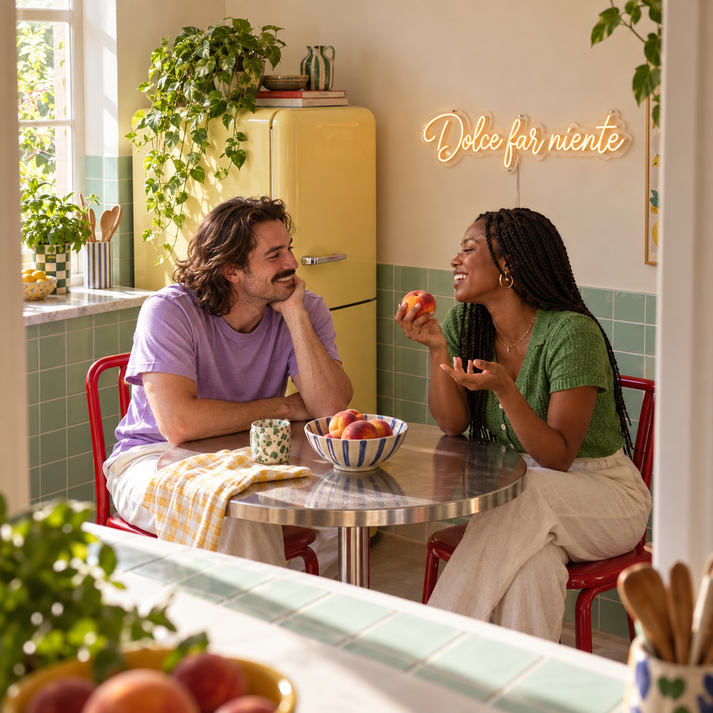 Néon mural « Dolce far niente » allumé dans un intérieur, mise en situation