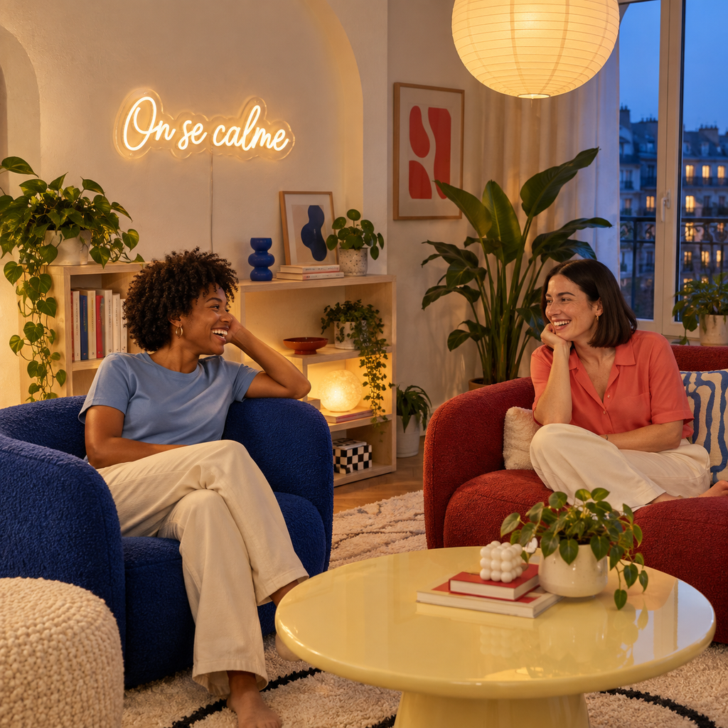 Néon mural « On se calme » allumé dans un intérieur, mise en situation