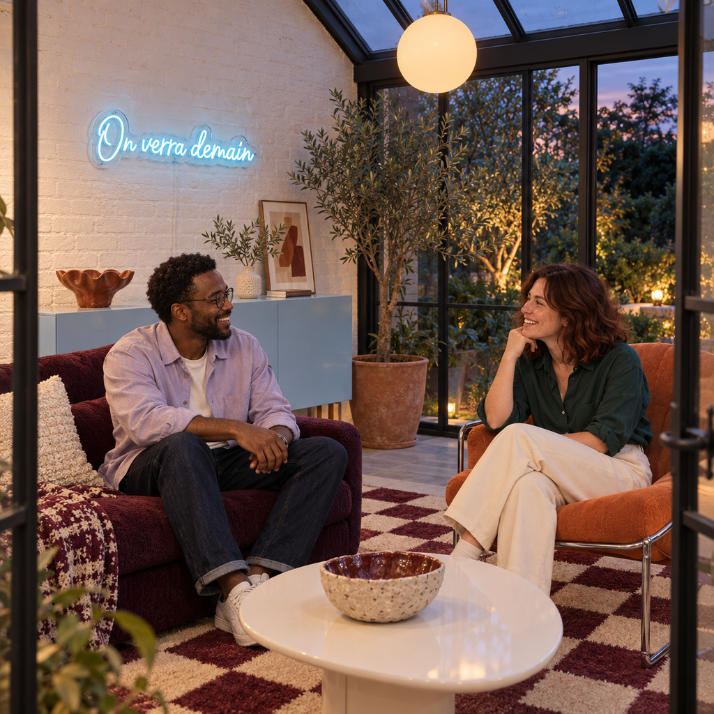 Néon mural « On verra demain » allumé dans un intérieur, mise en situation