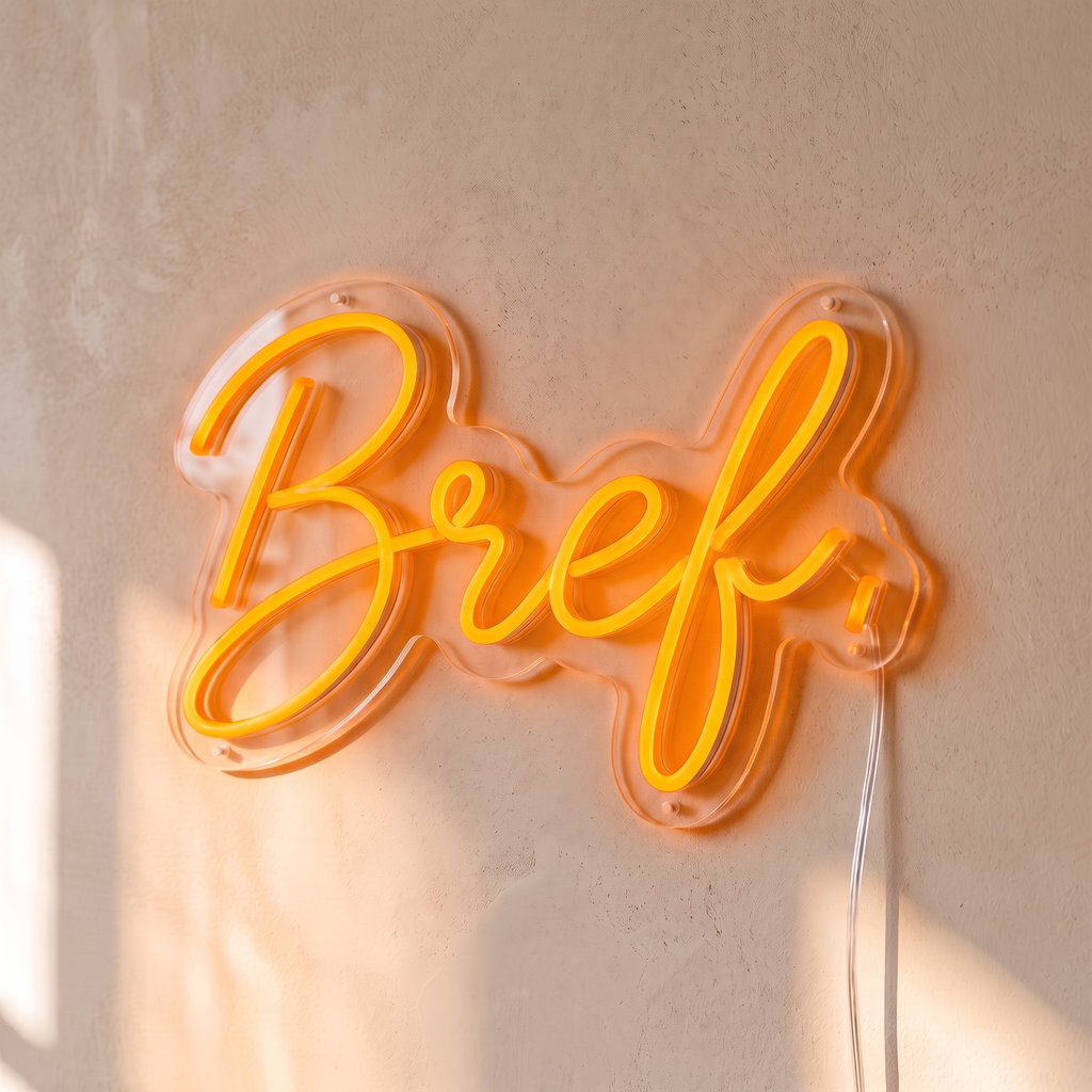 Néon mural « Bref. » orange, gros plan sur fond beige
