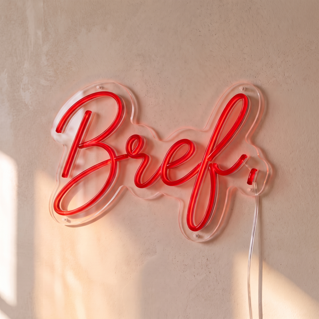 Néon mural « Bref. » rouge, gros plan sur fond beige