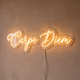 Néon mural « Carpe Diem » blanc chaud, gros plan sur fond beige
