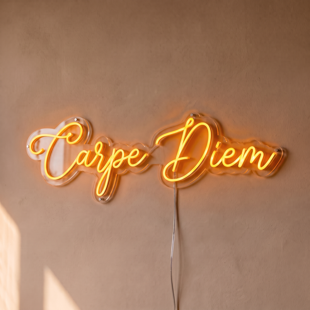 Néon mural « Carpe Diem » orange, gros plan sur fond beige