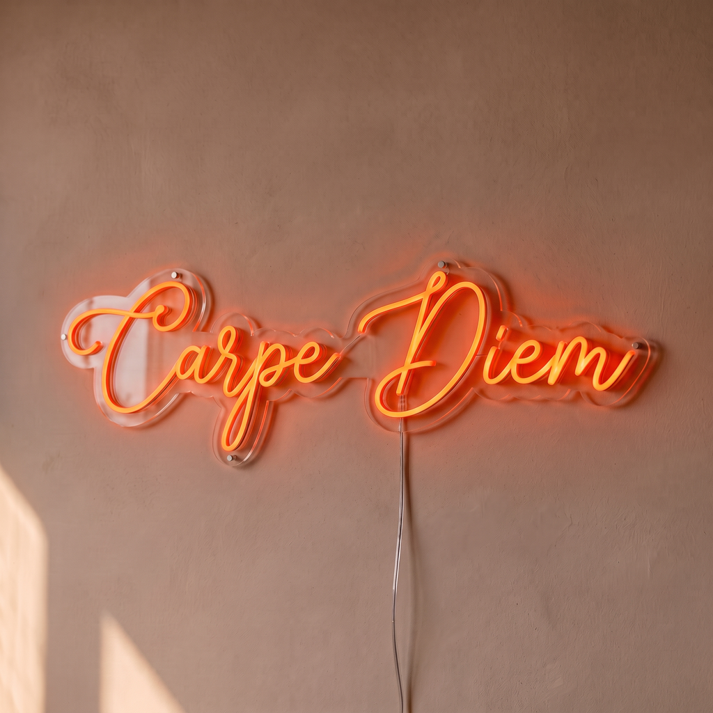 Néon mural « Carpe Diem » rouge orangé, gros plan sur fond beige