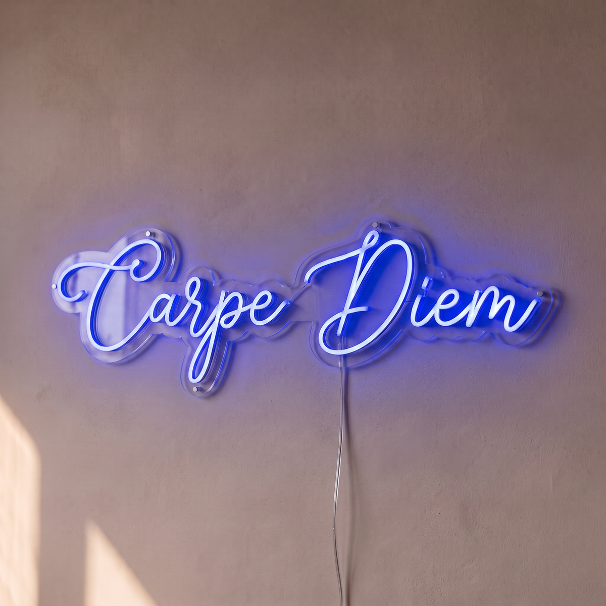 Néon mural « Carpe Diem » bleu, gros plan sur fond beige