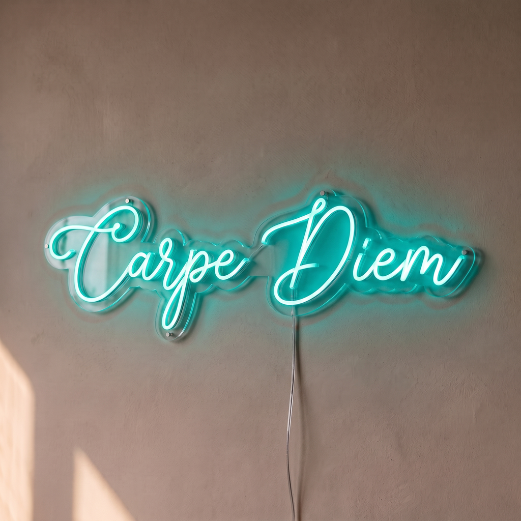 Néon mural « Carpe Diem » turquoise, gros plan sur fond beige
