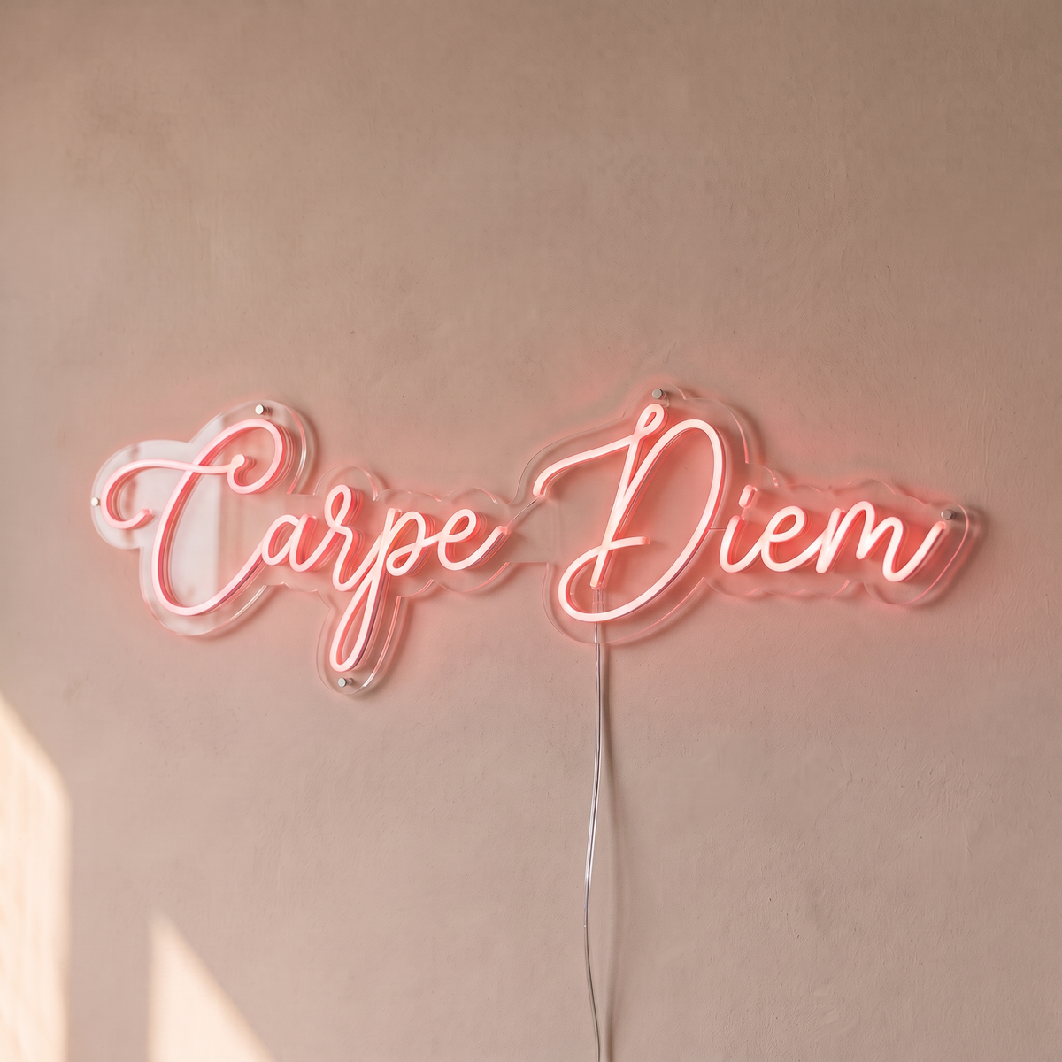 Néon mural « Carpe Diem » rose pâle, gros plan sur fond beige