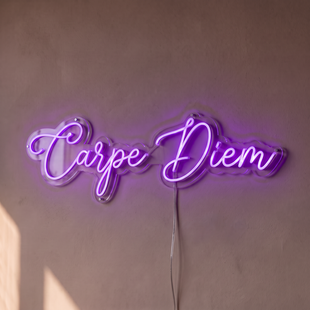 Néon mural « Carpe Diem » violet, gros plan sur fond beige