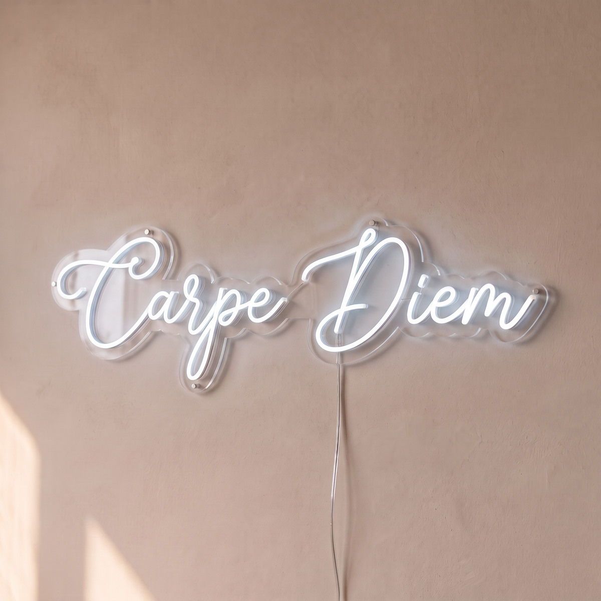 Néon mural « Carpe Diem » blanc froid, gros plan sur fond beige