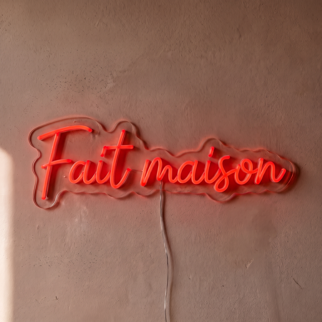 Néon mural « Fait maison » rouge, gros plan sur fond beige