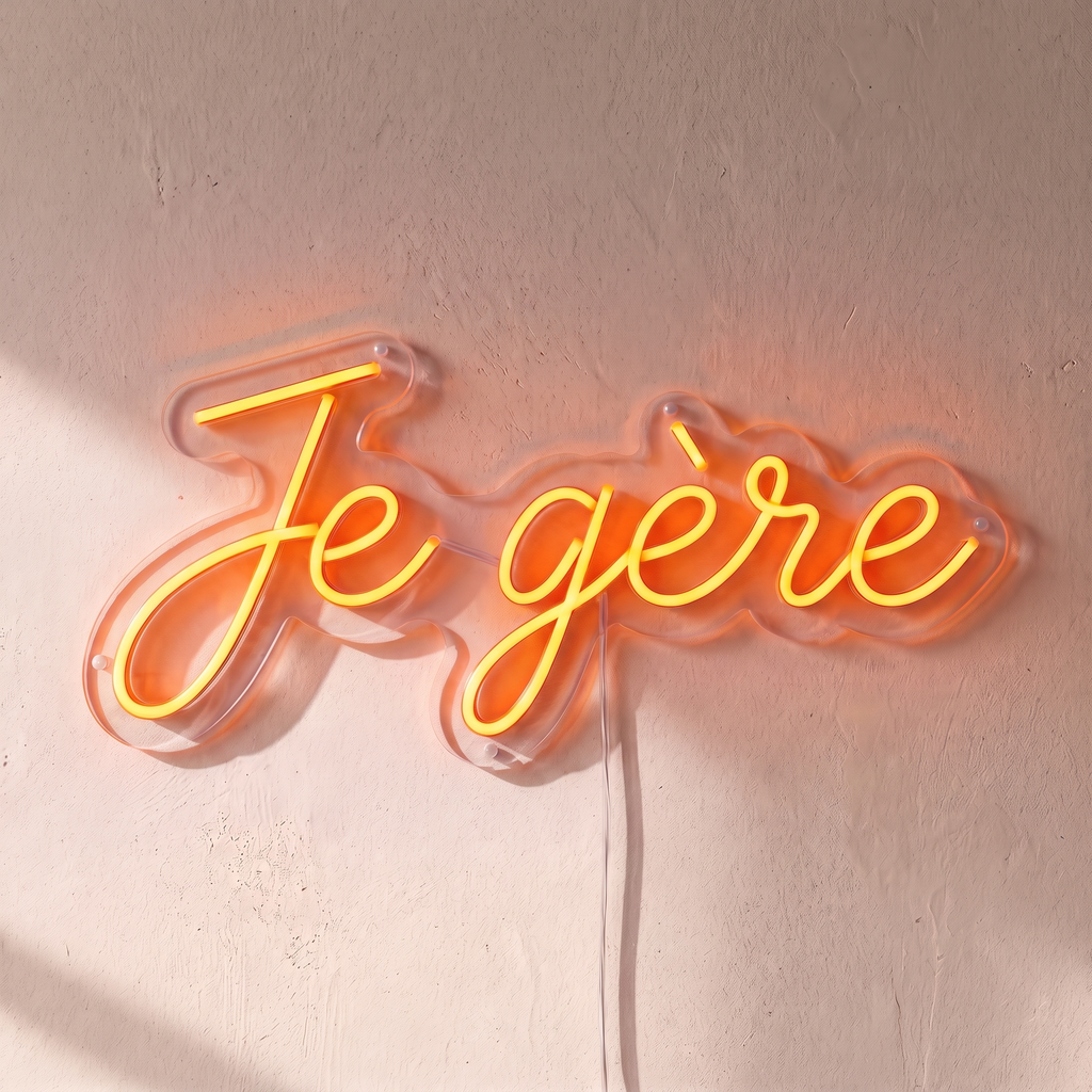 Néon mural « Je gère » orange, gros plan sur fond beige