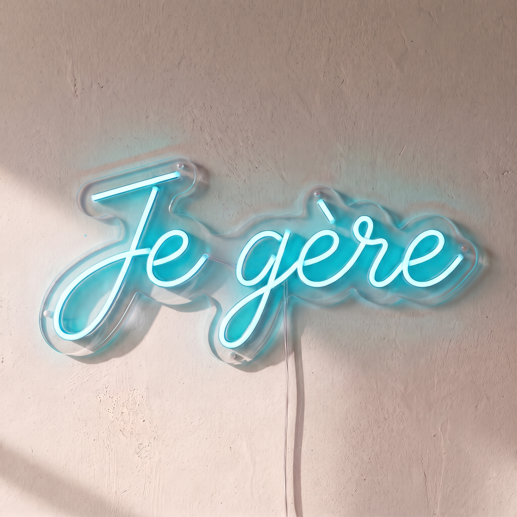 Néon mural « Je gère » turquoise, gros plan sur fond beige