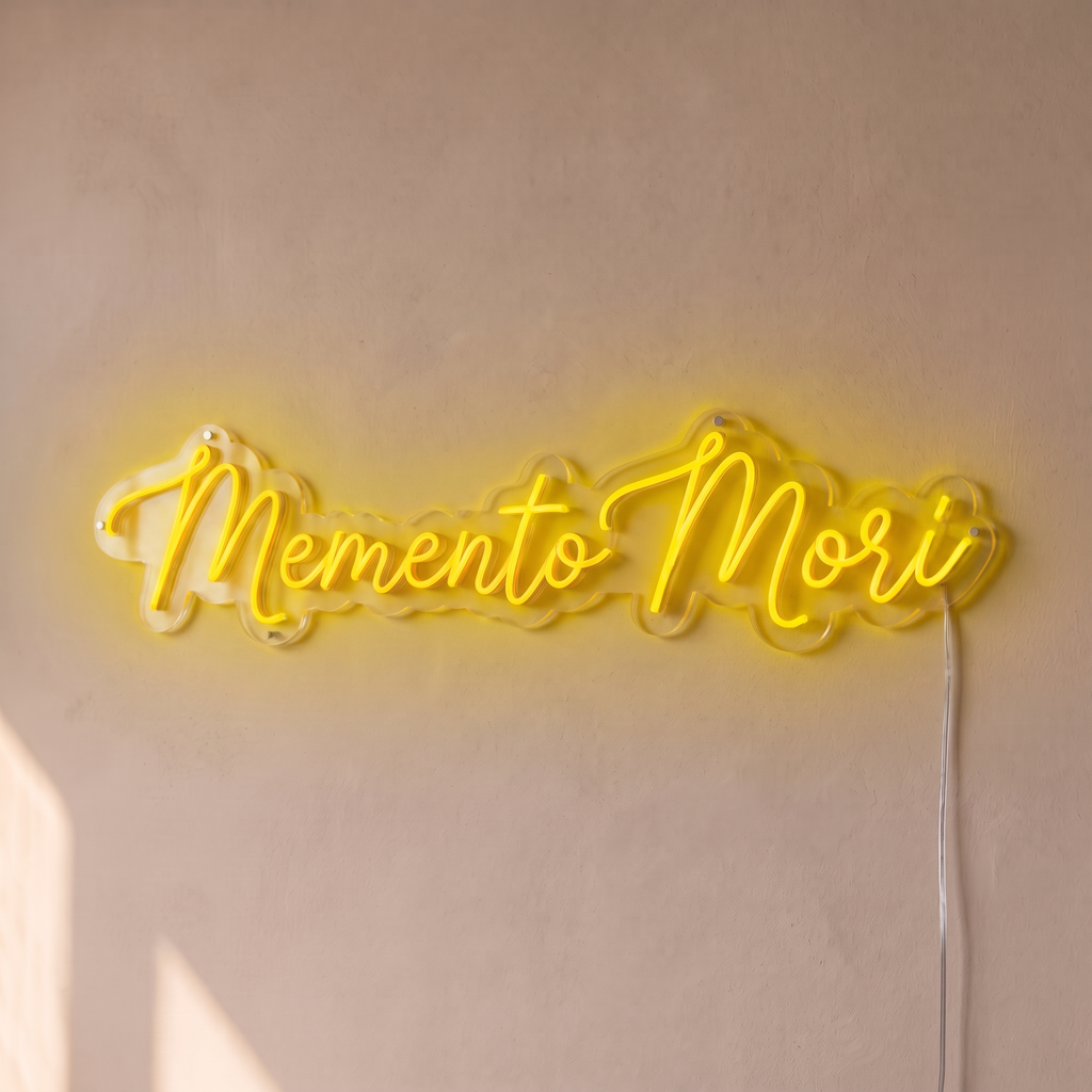 Néon mural « Memento Mori » jaune, gros plan sur fond beige