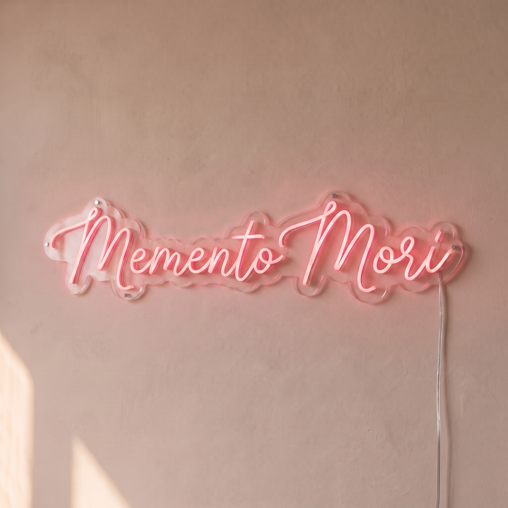 Néon mural « Memento Mori » rose pâle, gros plan sur fond beige