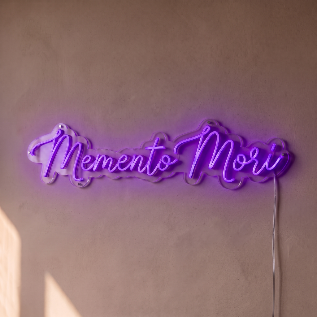 Néon mural « Memento Mori » violet, gros plan sur fond beige