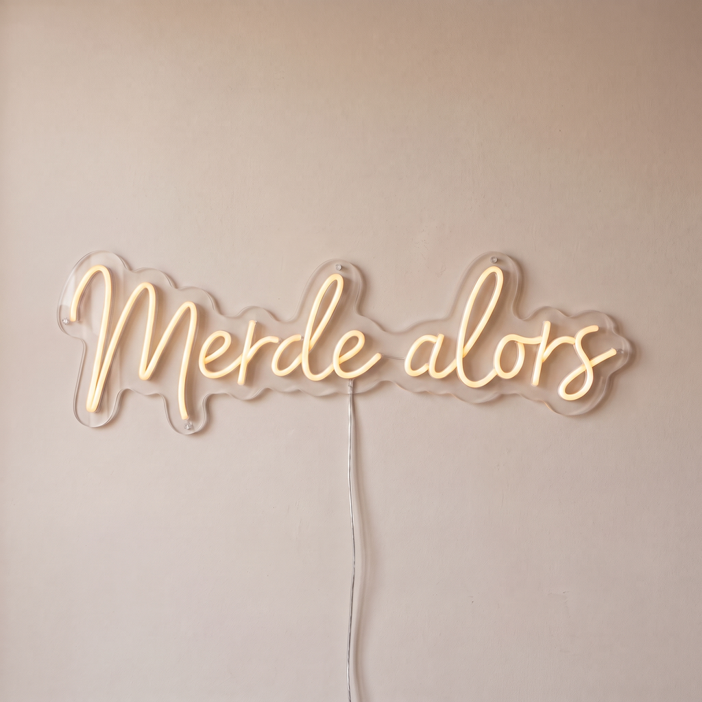Néon mural « Merde alors » blanc chaud, gros plan sur fond beige