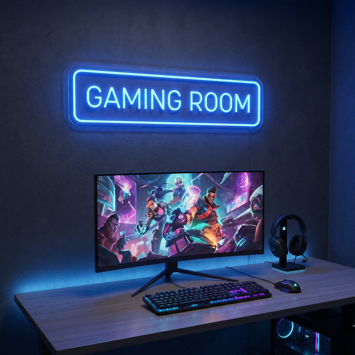 neon LED gaming room bleu